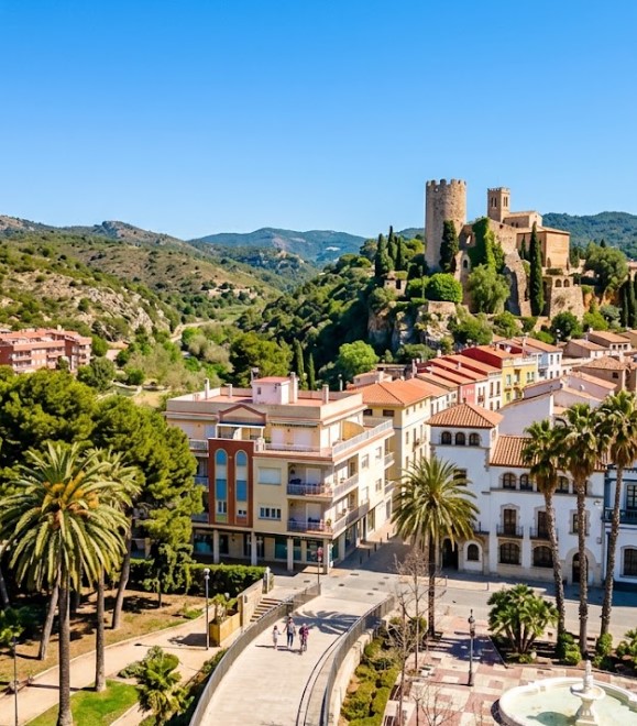 Vistas del Castell de Ribes, las casas indianas y el entorno urbano de Sant Pere de Ribes en Barcelona